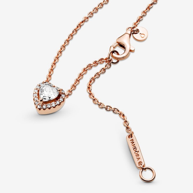 Rose Gold Plated Pandora Sparkling Heart Collier Pendant Necklaces | 5024837-GP