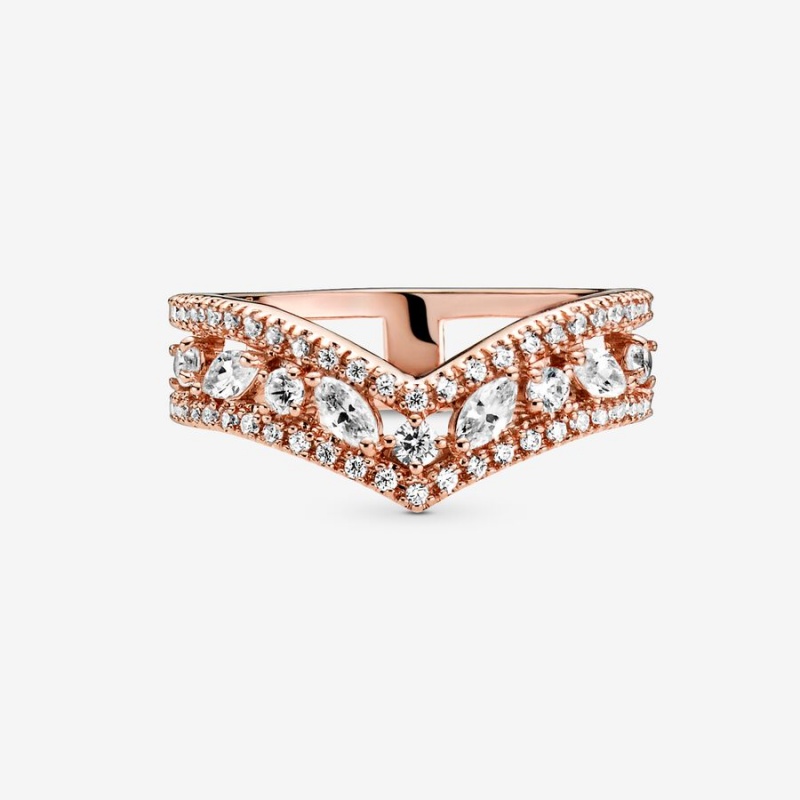 Rose Gold Plated Pandora Sparkling Marquise Double Wishbone Statement Rings | 4657398-HE