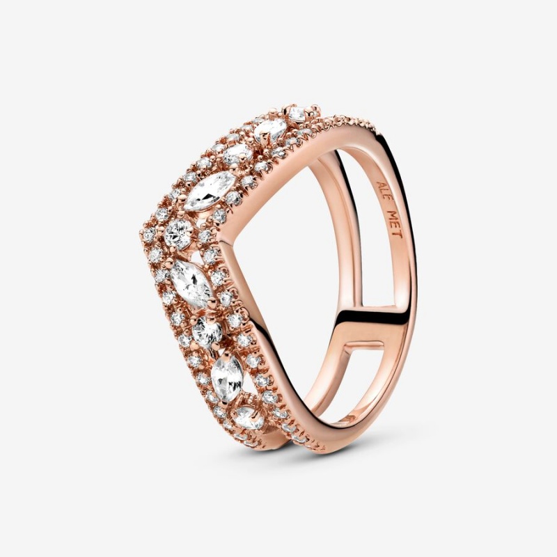 Rose Gold Plated Pandora Sparkling Marquise Double Wishbone Statement Rings | 4657398-HE