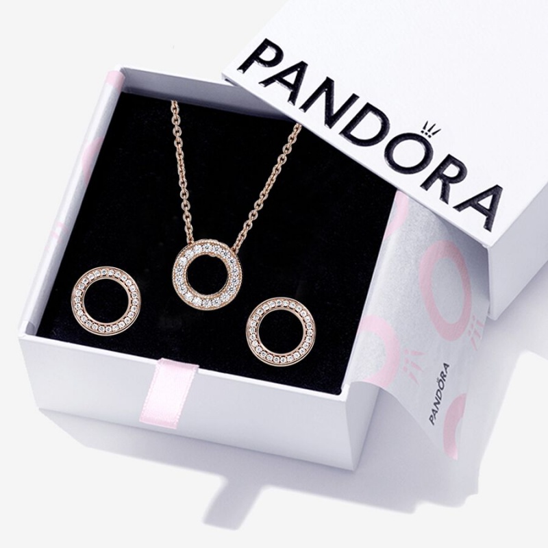 Rose Gold Plated Pandora Sparkling Pave Circle Jewelry Gift Set Necklace & Earring Sets | 0935127-YJ