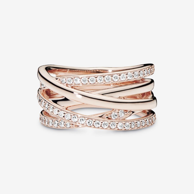 Rose Gold Plated Pandora Sparkling & Polished Lines Band Rings | 3098627-IR