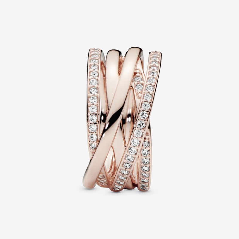 Rose Gold Plated Pandora Sparkling & Polished Lines Band Rings | 3098627-IR