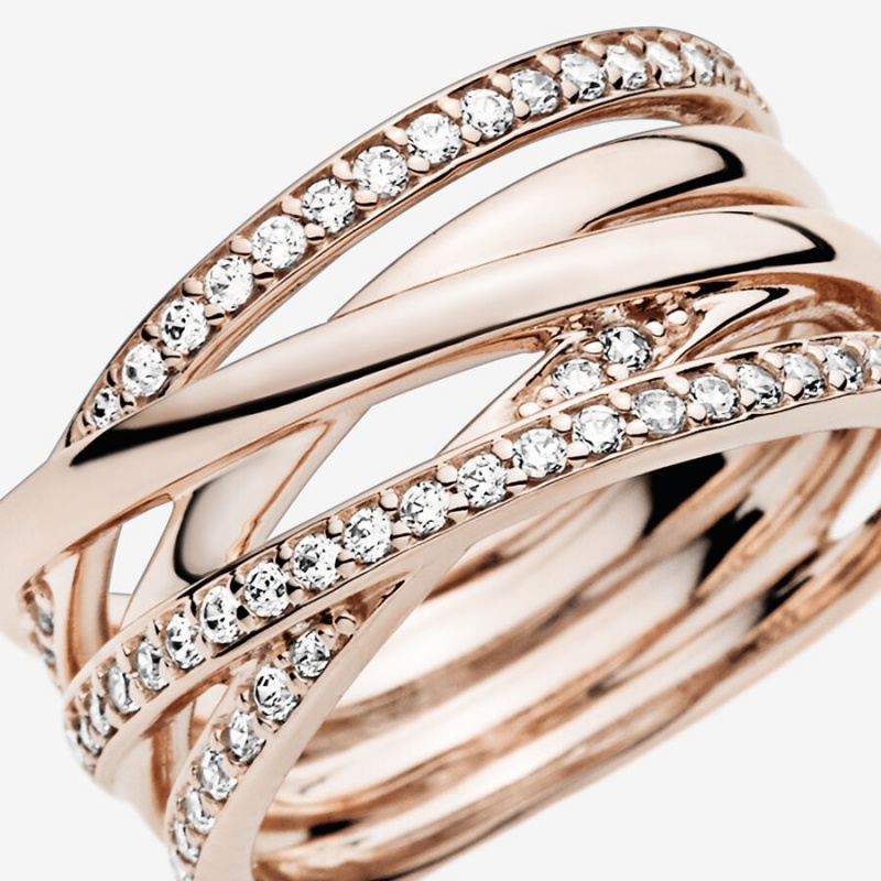 Rose Gold Plated Pandora Sparkling & Polished Lines Band Rings | 3098627-IR