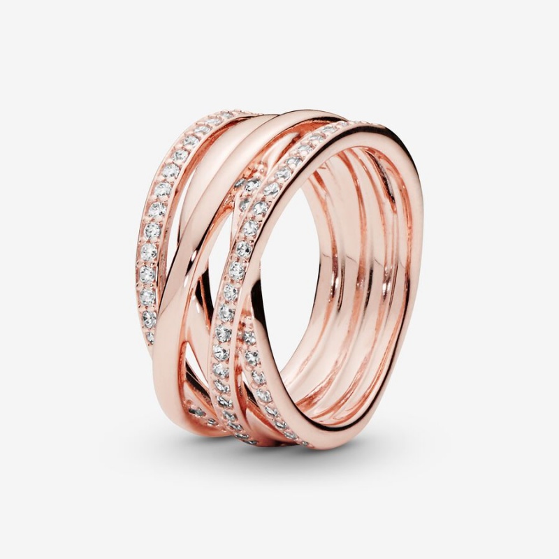 Rose Gold Plated Pandora Sparkling & Polished Lines Band Rings | 3098627-IR