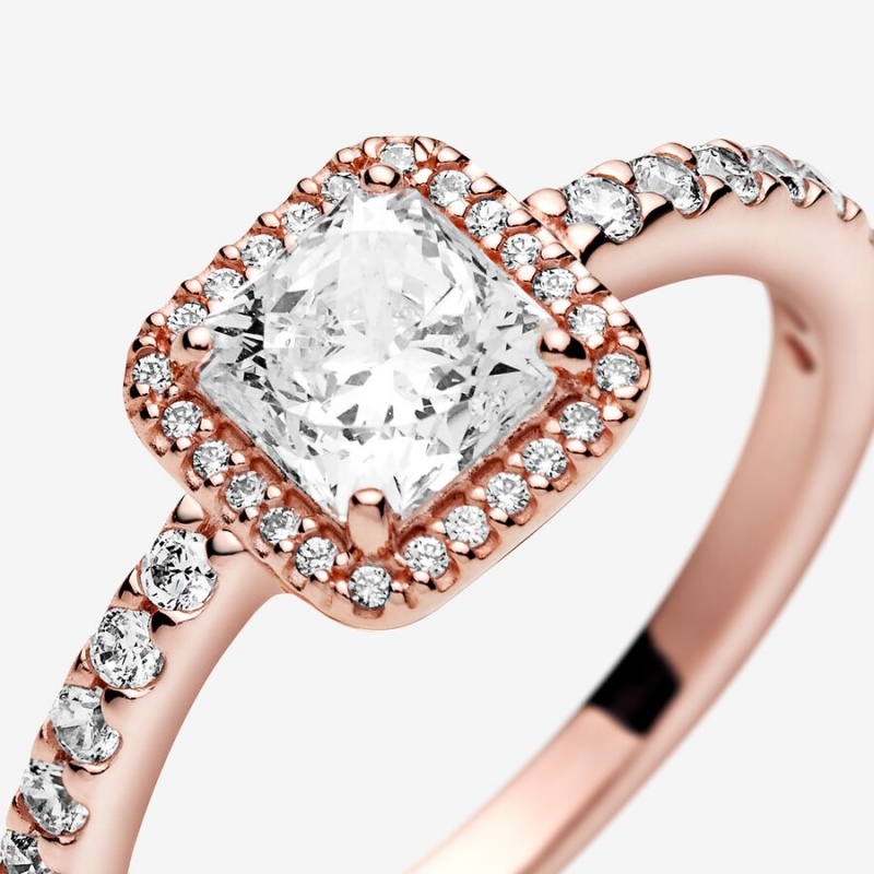 Rose Gold Plated Pandora Square Sparkle Halo Halo & Solitaire Rings | 8321470-AF