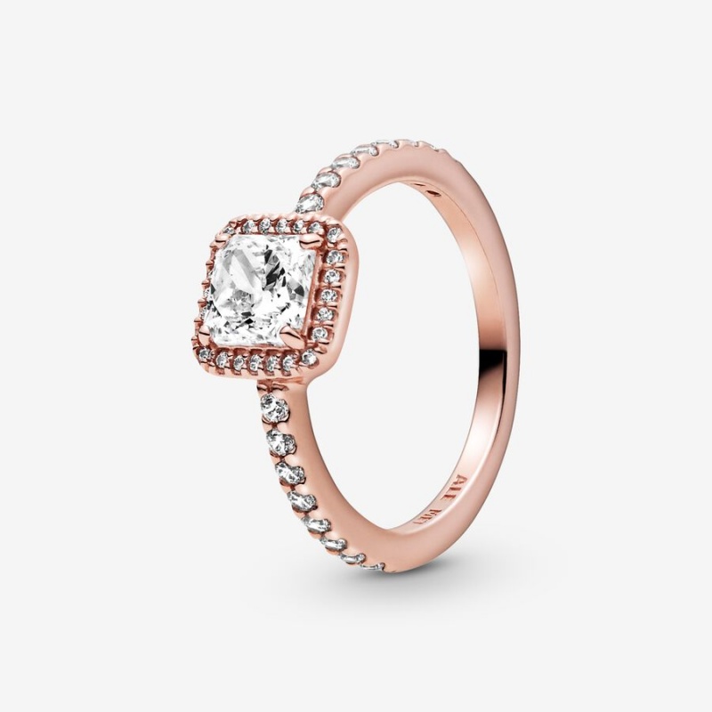 Rose Gold Plated Pandora Square Sparkle Halo Halo & Solitaire Rings | 8321470-AF