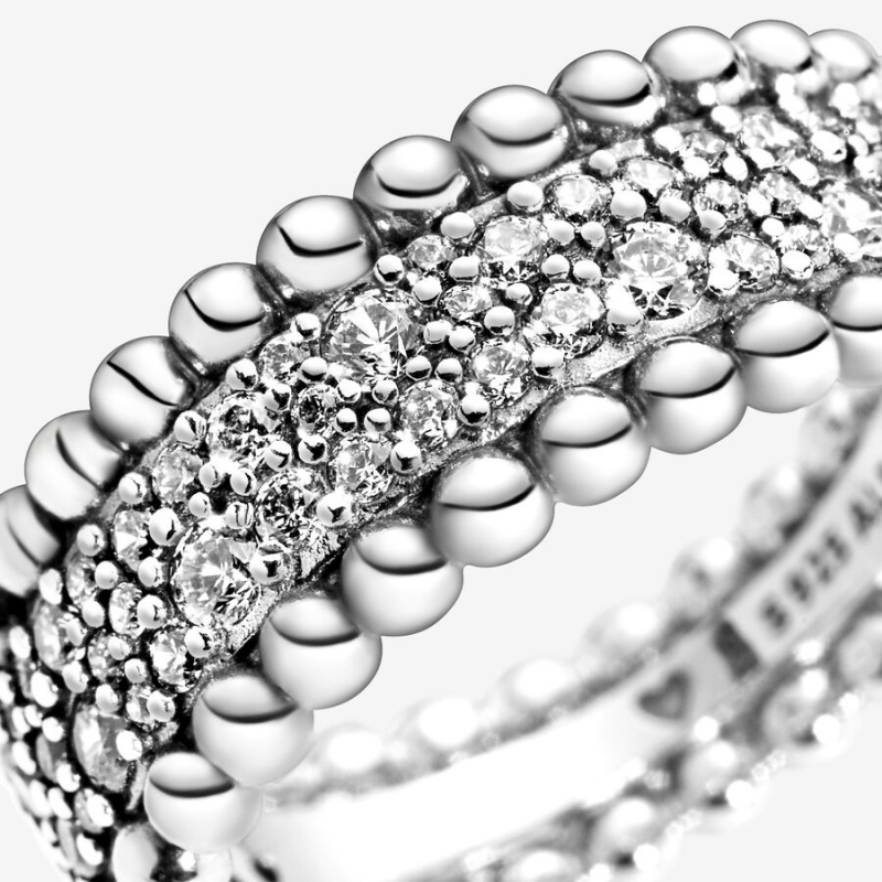 Sterling Silver Pandora Beaded Pavé Band Rings | 5814327-VU