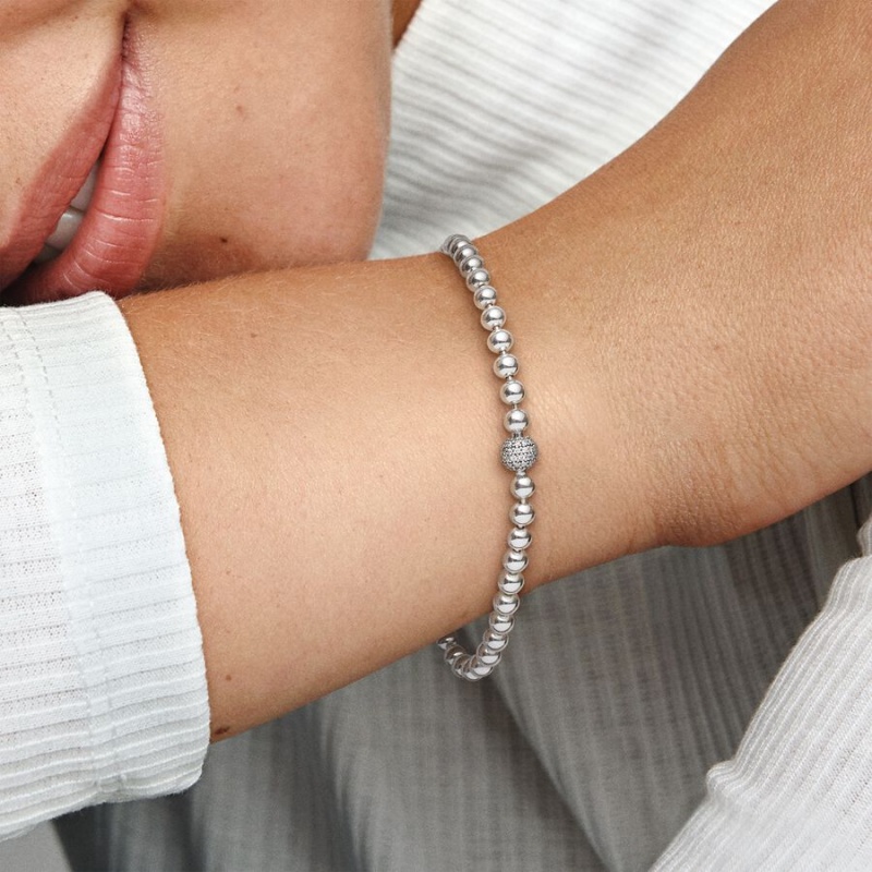 Sterling Silver Pandora Beads & Pavé Chain Bracelets | 9612048-OQ