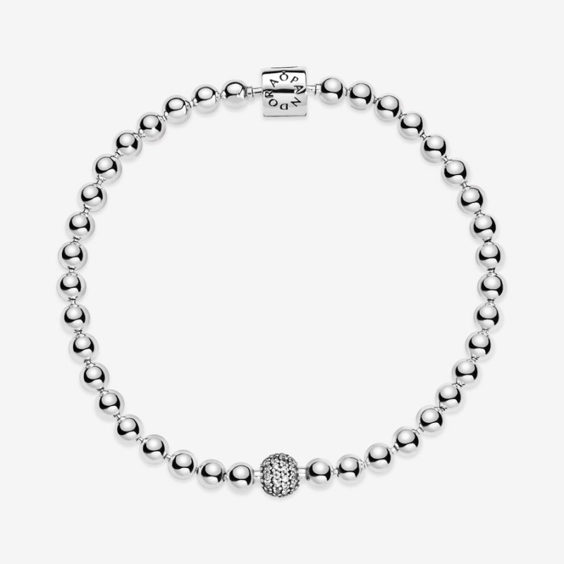 Sterling Silver Pandora Beads & Pavé Chain Bracelets | 9612048-OQ