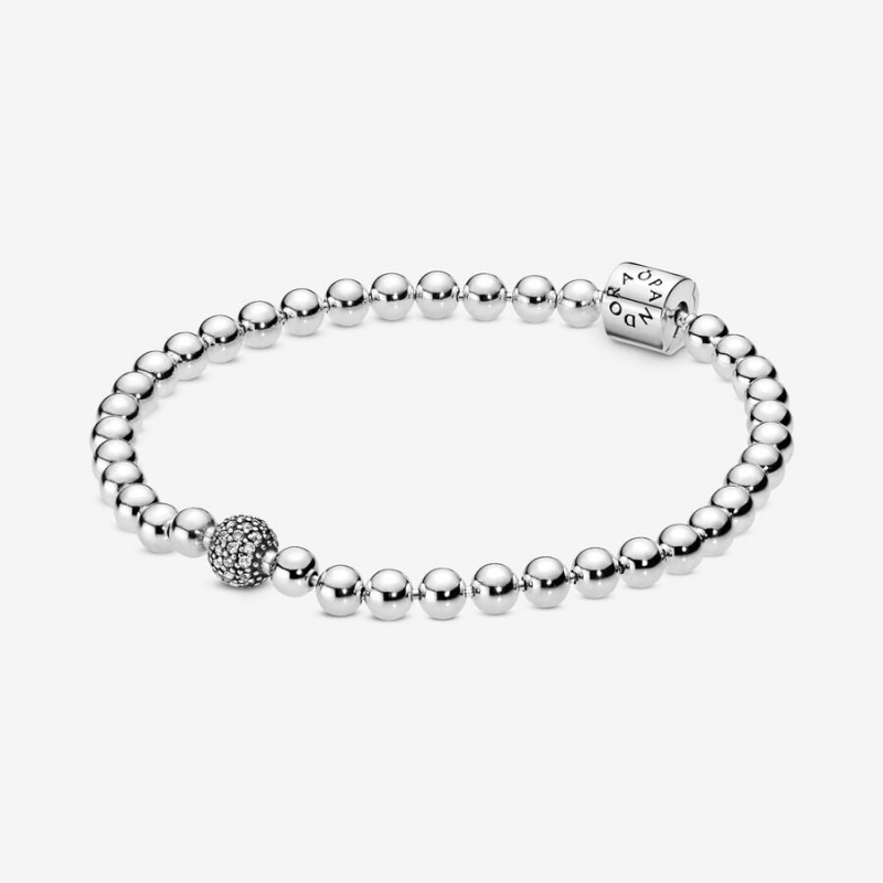 Sterling Silver Pandora Beads & Pavé Chain Bracelets | 9612048-OQ