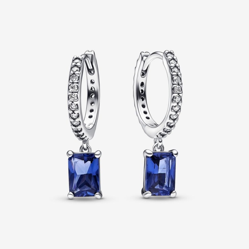 Sterling Silver Pandora Blue Rectangular Sparkling Hoop Earrings | 5408796-HL