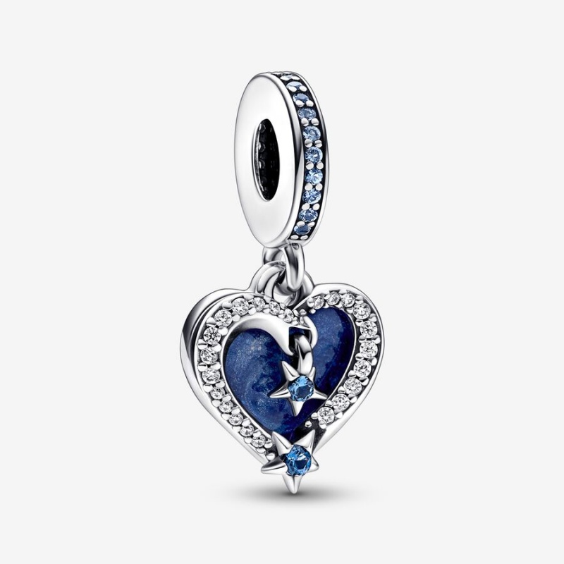 Sterling Silver Pandora Celestial Shooting Star Heart Double Dangle Dangle Charms | 4781065-UC