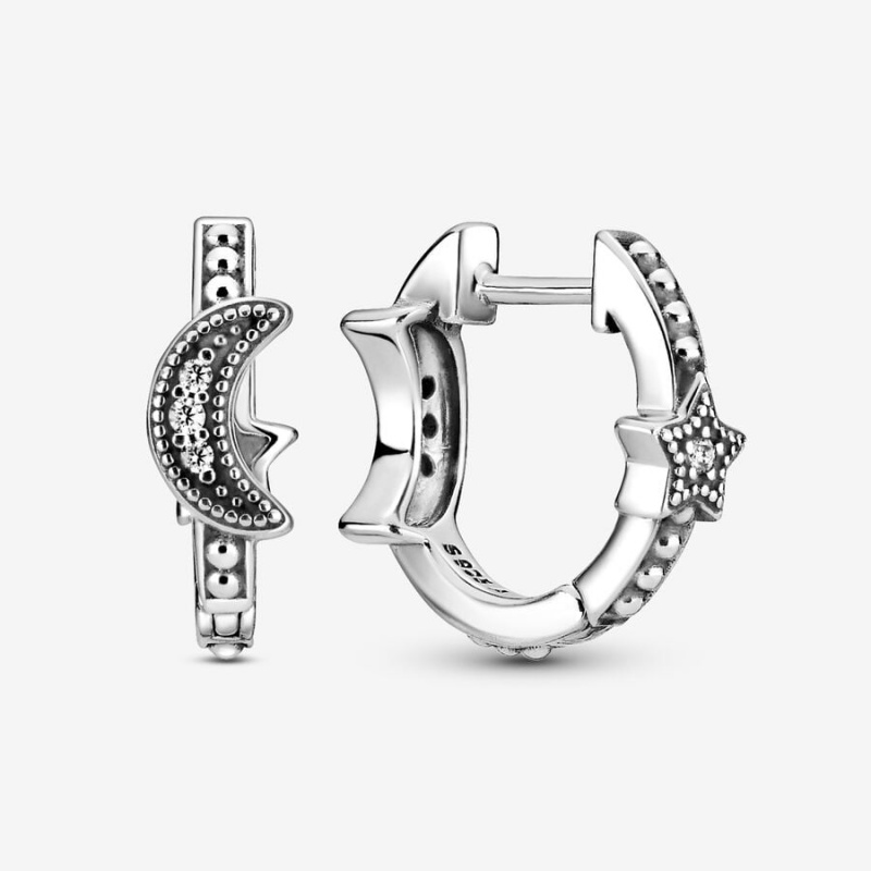 Sterling Silver Pandora Crescent Moon & Stars Beaded Hoop Earrings | 3801925-RL