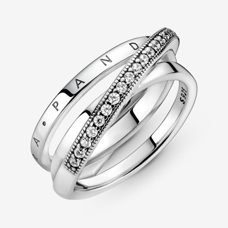 Sterling Silver Pandora Crossover Pavé Triple Band Rings | 8349657-VU