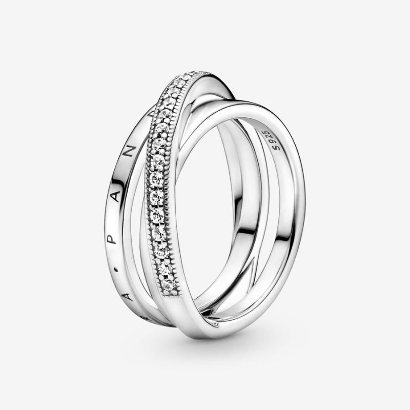 Sterling Silver Pandora Crossover Pavé Triple Band Rings | 8349657-VU