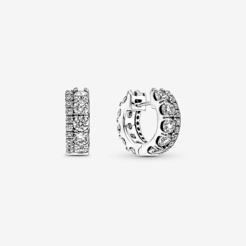 Sterling Silver Pandora Double Band Pavé Hoop Earrings | 5480693-VU