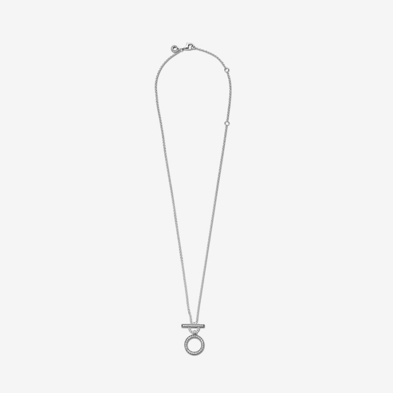 Sterling Silver Pandora Double Hoop T-bar Pendant Necklaces | 0346581-ML