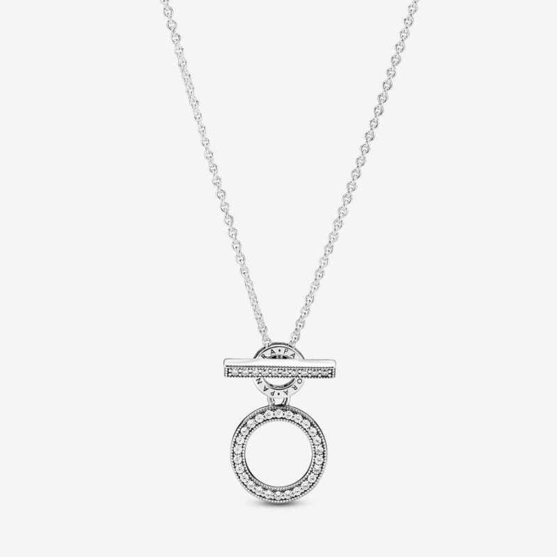 Sterling Silver Pandora Double Hoop T-bar Pendant Necklaces | 0346581-ML