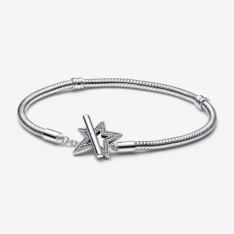 Sterling Silver Pandora Moments Asymmetric Star T-bar Snake Charm Bracelets | 4017839-TZ