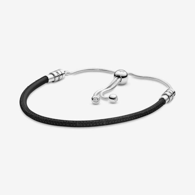 Sterling Silver Pandora Moments Black Leather Slider Leather Bracelets | 9185073-OS