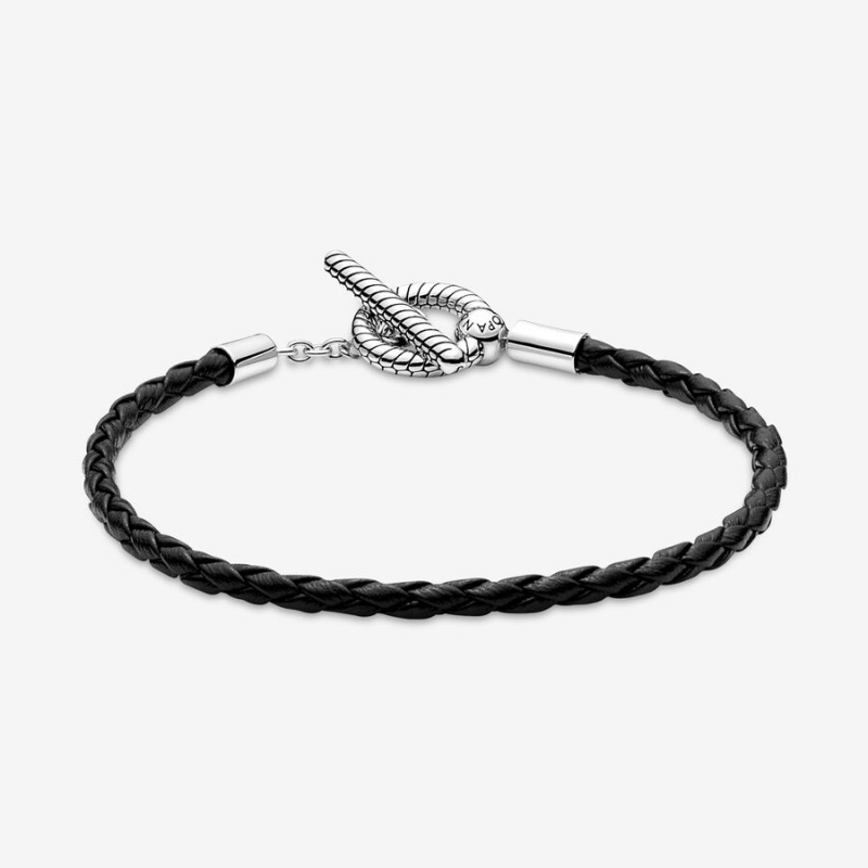 Sterling Silver Pandora Moments Braided Leather T-bar Charm Holders | 9746130-GT