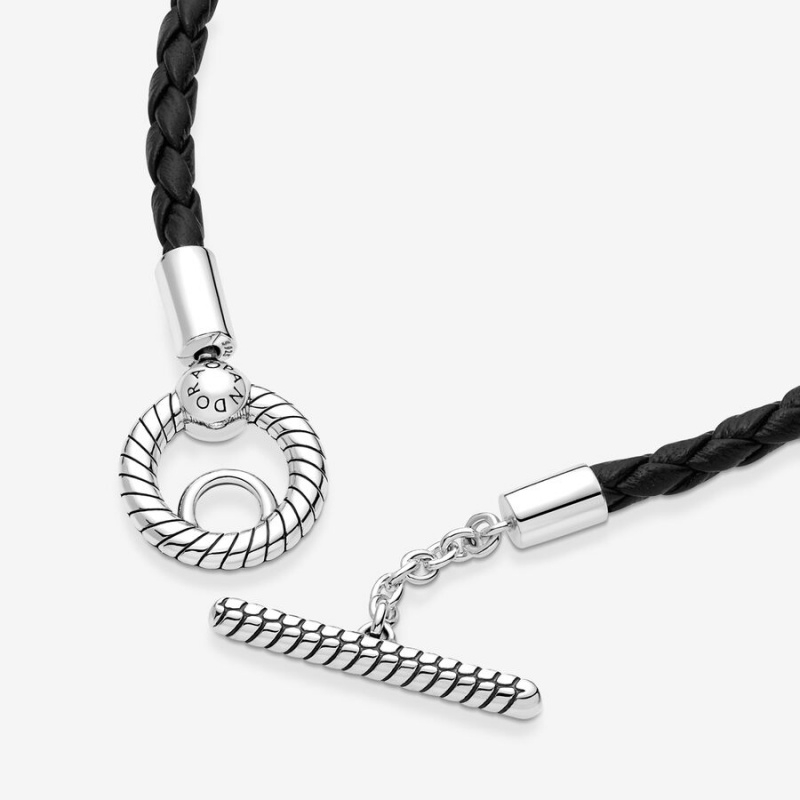 Sterling Silver Pandora Moments Braided Leather T-bar Charm Holders | 9746130-GT