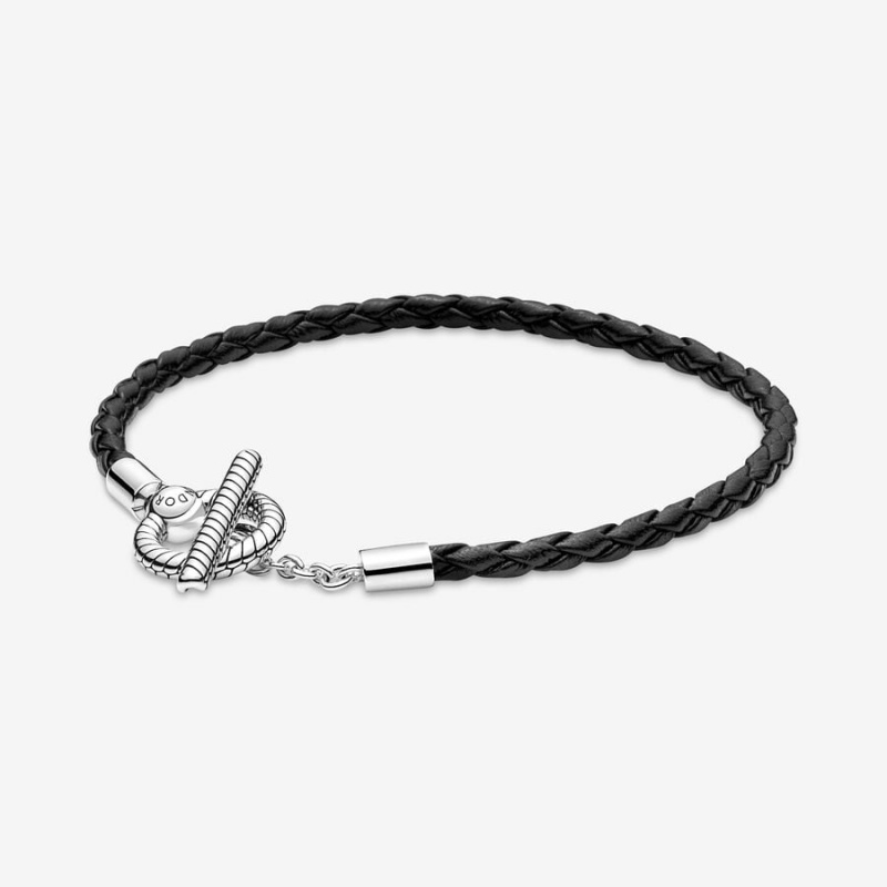 Sterling Silver Pandora Moments Braided Leather T-bar Charm Holders | 9746130-GT