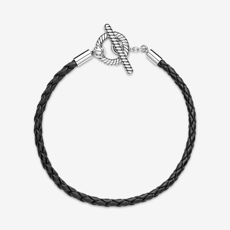 Sterling Silver Pandora Moments Braided Leather T-bar Leather Bracelets | 8462531-UG