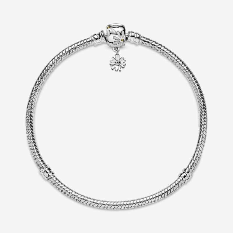 Sterling Silver Pandora Moments Daisy Flower Clasp Snake Charm Bracelets | 6708241-GN