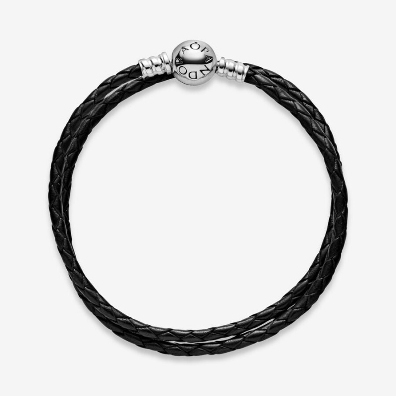 Sterling Silver Pandora Moments Double Black Leather Charm Bracelets | 9382406-FT