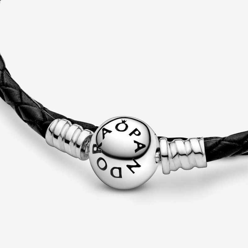 Sterling Silver Pandora Moments Double Black Leather Charm Bracelets | 9382406-FT