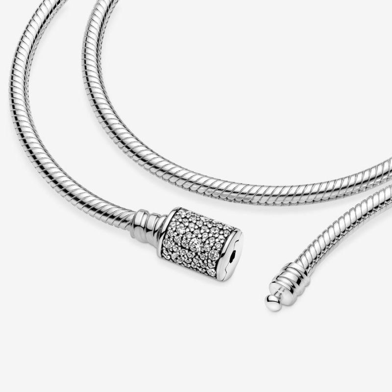 Sterling Silver Pandora Moments Double Wrap Barrel Clasp Snake/Necklace Chain Bracelets | 8073192-GA