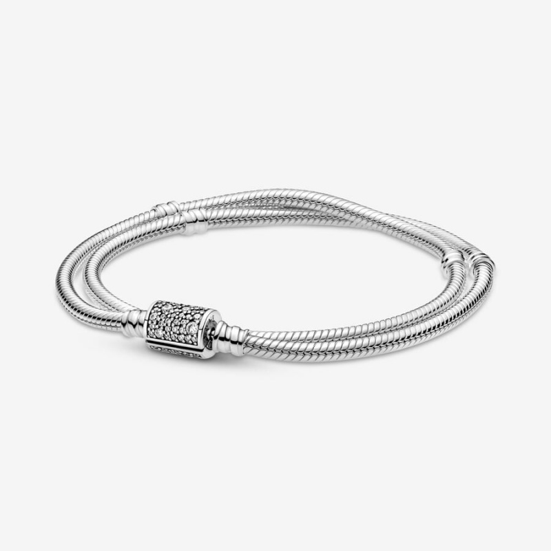 Sterling Silver Pandora Moments Double Wrap Barrel Clasp Snake/Necklace Chain Bracelets | 8073192-GA