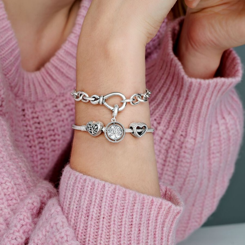 Sterling Silver Pandora Moments Family Tree Heart Clasp Snake Charm Bracelets | 4107896-TL