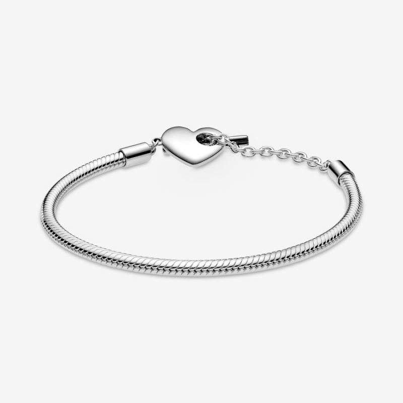 Sterling Silver Pandora Moments Heart T-Bar Snake Charm Bracelets | 1462938-IW