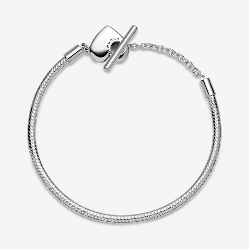 Sterling Silver Pandora Moments Heart T-Bar Snake Charm Bracelets | 1462938-IW