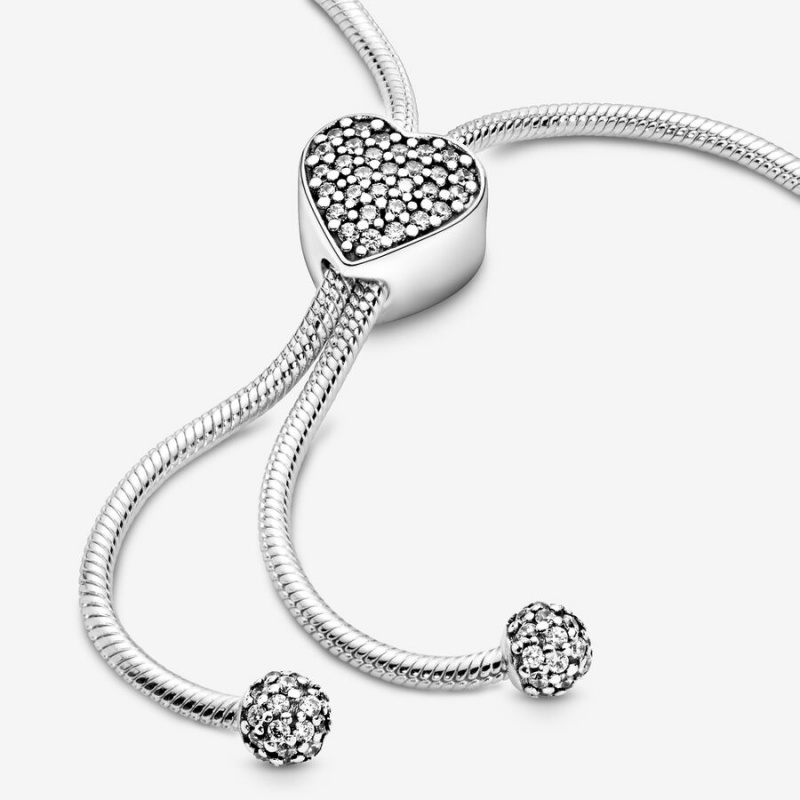 Sterling Silver Pandora Moments Pavé Heart Clasp Snake Slider Charm Holders | 8516304-BD