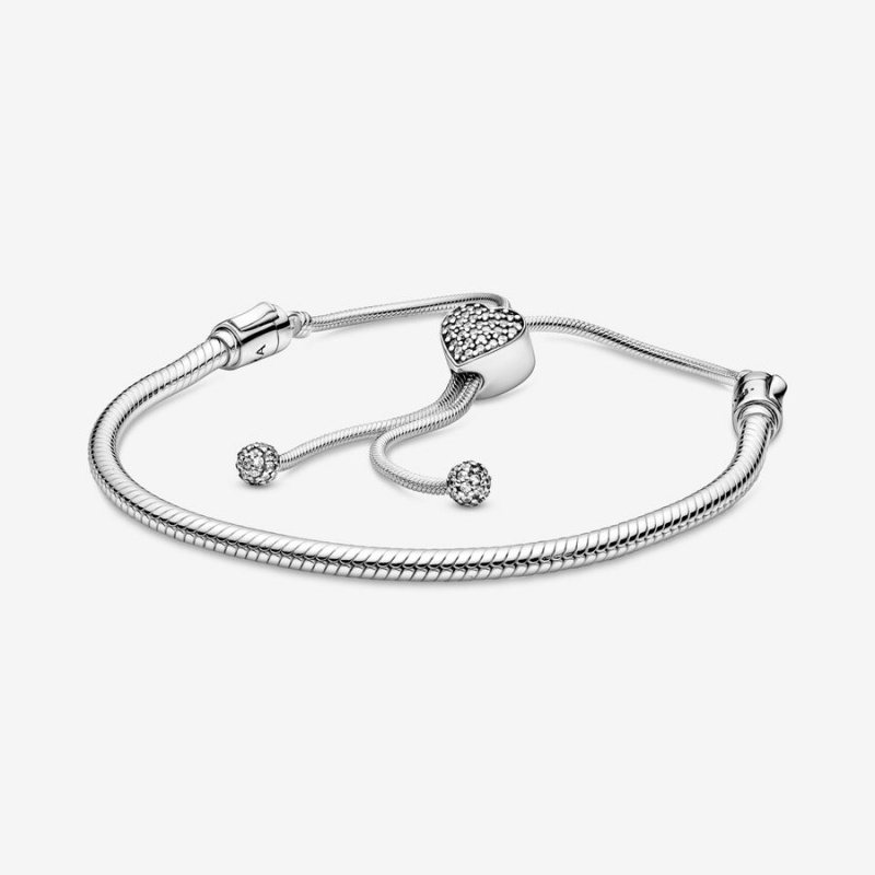 Sterling Silver Pandora Moments Pavé Heart Clasp Snake Slider Charm Holders | 8516304-BD