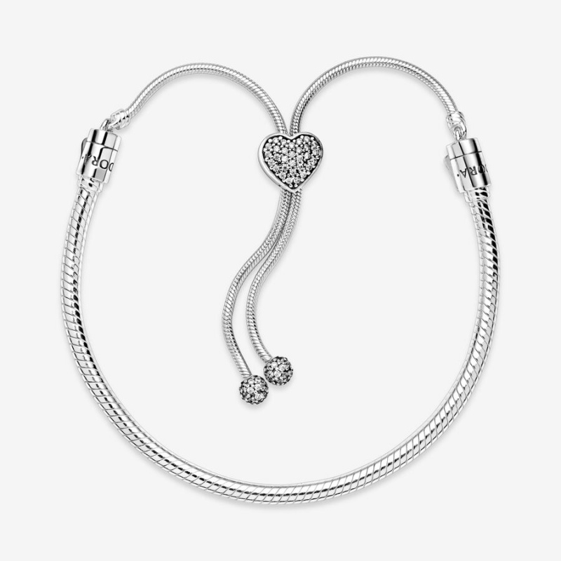 Sterling Silver Pandora Moments Pavé Heart Clasp Snake Slider Sliding Bracelets | 6039152-VL