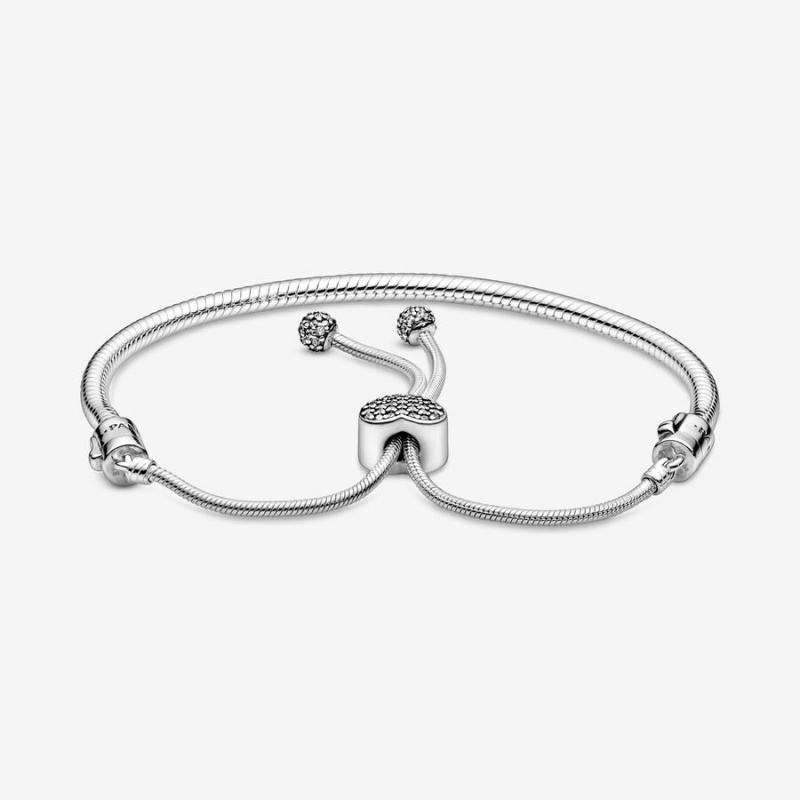 Sterling Silver Pandora Moments Pavé Heart Clasp Snake Slider Sliding Bracelets | 6039152-VL