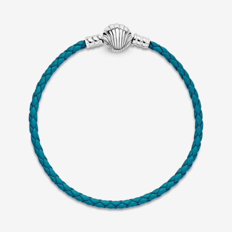 Sterling Silver Pandora Moments Seashell Clasp Turquoise Braided Leather Charm Holders | 2541739-DS