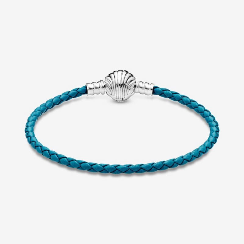 Sterling Silver Pandora Moments Seashell Clasp Turquoise Braided Leather Bracelets | 8150362-QT