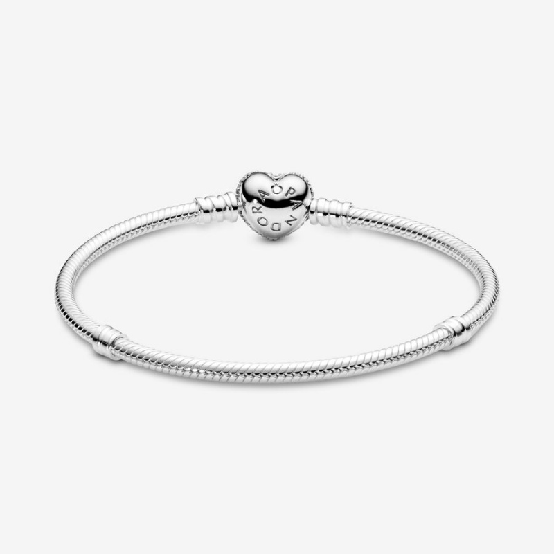 Sterling Silver Pandora Moments Sparkling Heart Clasp Snake Charm Bracelets | 5760824-IF