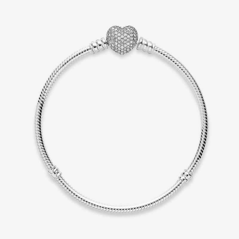 Sterling Silver Pandora Moments Sparkling Heart Clasp Snake Charm Bracelets | 5760824-IF