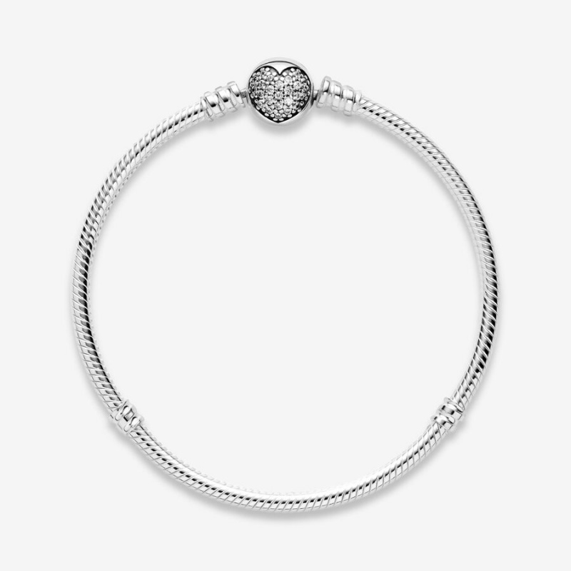 Sterling Silver Pandora Moments Sparkling Heart Clasp Snake Charm Bracelets | 3589172-OT