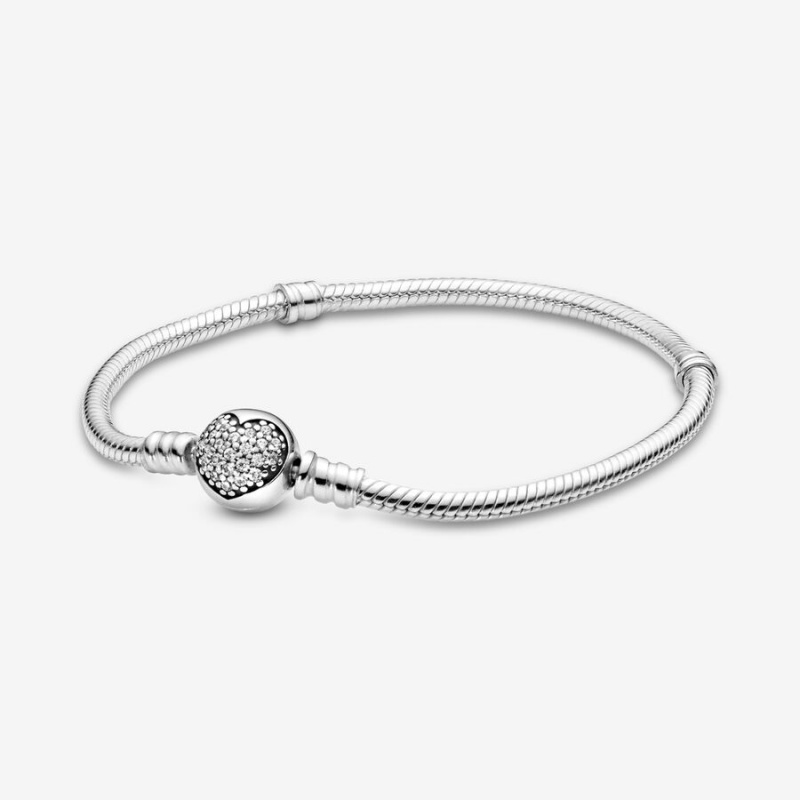 Sterling Silver Pandora Moments Sparkling Heart Clasp Snake Charm Bracelets | 3589172-OT