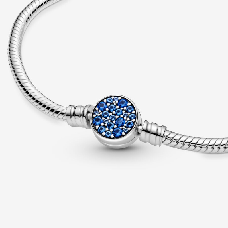 Sterling Silver Pandora Moments Sparkling Blue Disc Clasp Snake Chain Bracelets | 9468321-CE