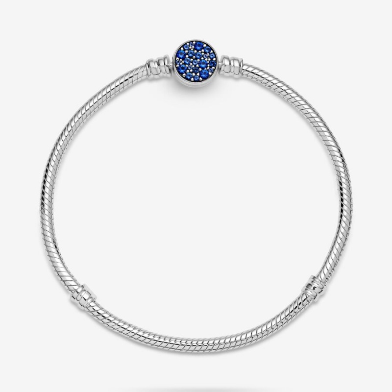 Sterling Silver Pandora Moments Sparkling Blue Disc Clasp Snake Chain Bracelets | 9468321-CE