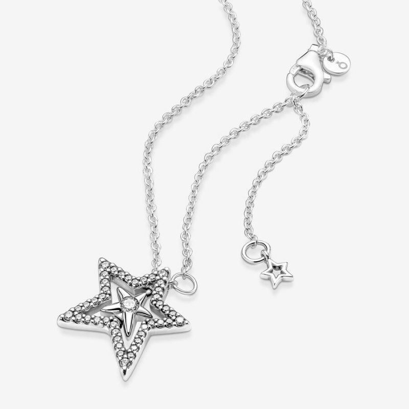 Sterling Silver Pandora Pavé Asymmetric Star Collier Pendant Necklaces | 5241076-SG