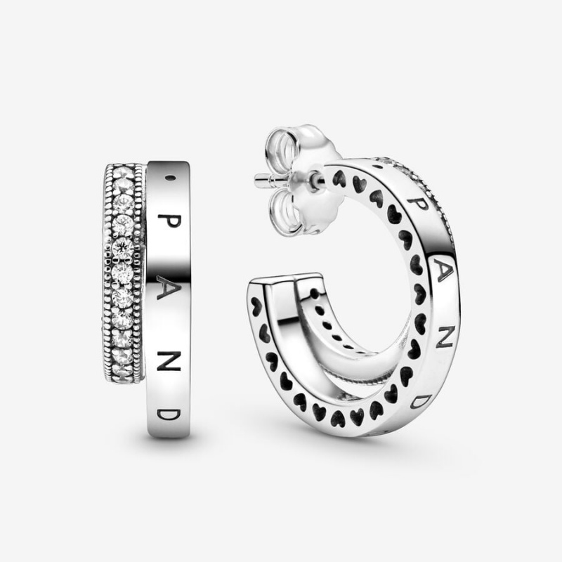 Sterling Silver Pandora Pavé Double Hoop Earrings | 2953408-UY